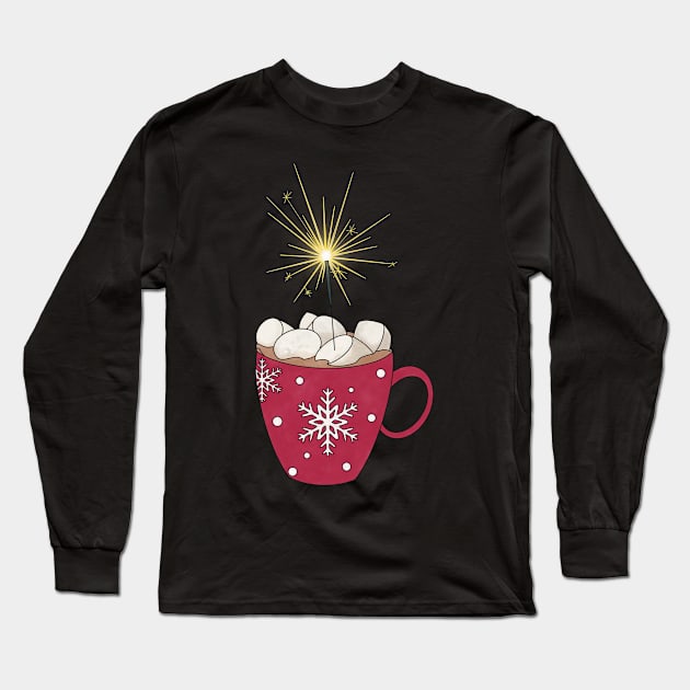 Hot coco in a Christmas mug with marshmallows and a sparkler Long Sleeve T-Shirt by Tana B 